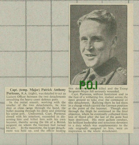 Capt Patrick Anthony Porteous War Hero  - c.1945 Small News Clipping
