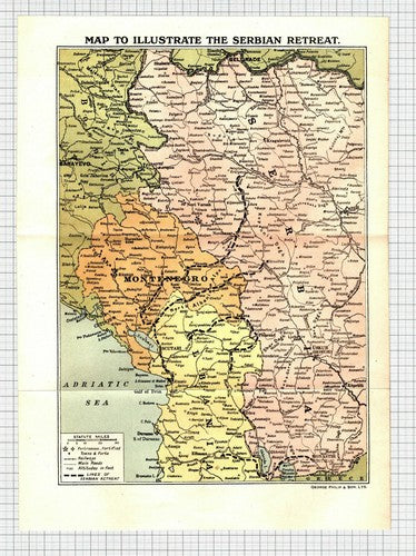 Map - The Serbian Retreat  Serbia World War 2 WW2 - c.1918