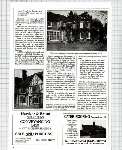 Daniel Sutton Maisonette Ingatestone Smallpox Doctor  - 1987 Article