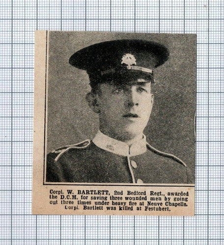 Corporal W Bartlett 2nd Bedford Regiment Neuve Chapelle WW1 - c.1918 Clipping