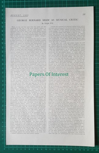 X1380) George Bernard Shaw Music Critic - 1932 Article