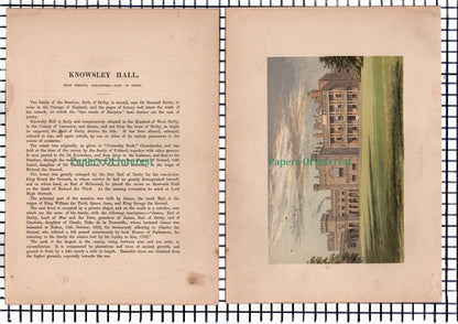 (6692) Knowsley Hall Lancashire - c.1880 Print & Article  Marks Are Present!