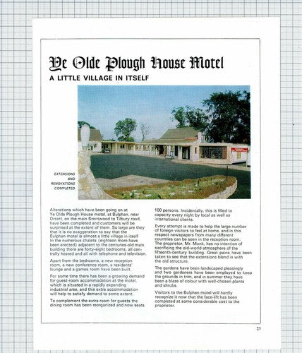 Ye Olde Plough House Motel Bulphan Orsett Essex Mr Monk  -1969 Article
