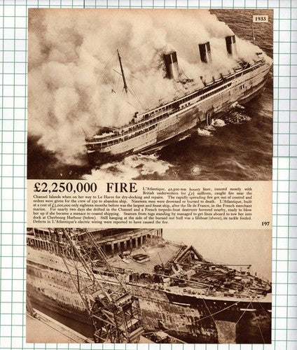 L'ATLANTIQUE Ship Fire Channel Islands Cherbourg Harbour  - 1938 Clipping/ Print