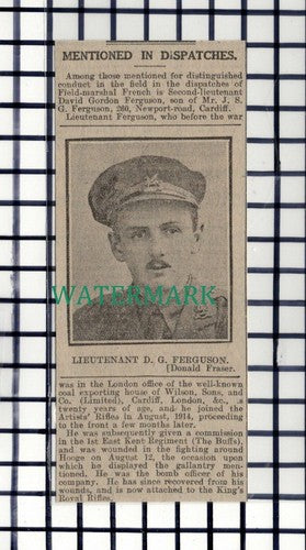 C6991) Lt David Gordon Ferguson Newport Rd Cardiff Artists Rifles - 1916 Cutting