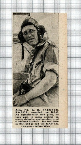F/L A D Frecker Pilot RAFVR World War Two WW2 -  1940s SMALL News Cutting