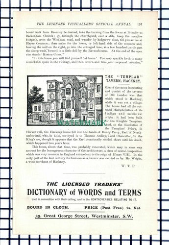 C6423) The Templar Tavern Hackney London - 1906 Cutting