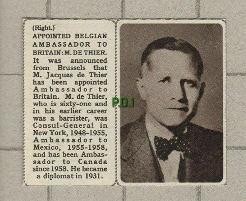 Jacques de Thier Belgian Ambassador To Britain -  1961 SMALL News Clipping