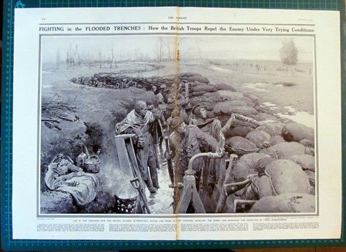 British Soldiers In Trenches Mud Sandbags World War One  - 1915 Print / Cutting
