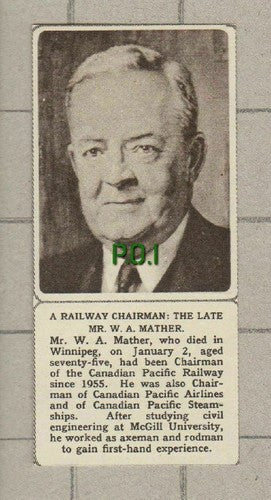 Mr W A Mather Canadian Pacific Railway  Obituary - 1961 SMALL News Clipping