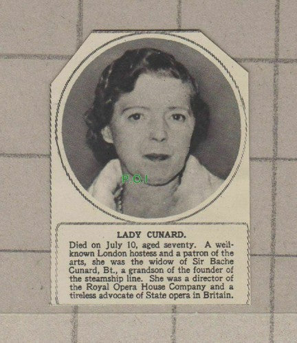 C1856)  Lady Cunard Sir Bache Cunard Steamship Obituary - 1948 Clip  SMALL!
