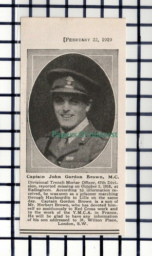 C5853) Captain John Gordon Brown Trench Mortar Officer WW1 War - 1919 Cutting