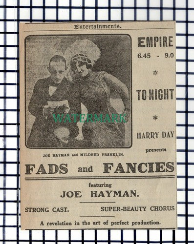 C7230) Empire Joe Hayman Mildred Franklin Advert - 1916 Cutting