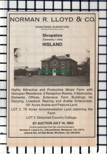 C6849) Hisland Shropshire  House Sale Advert  - 1982 Cutting