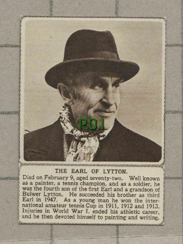 (C453) The Earl of Lytton Painter Tennis Champion Obituary   -  1951 Clip SMALL!