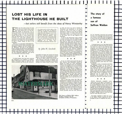 Henry Winstanley Saffron Walden Essex Eddystone Lighthouse - 1966 Article
