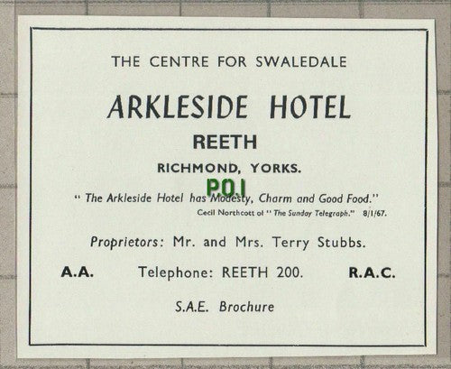 Arkleside Hotel Reeth Richmond Yorkshire Terry Stubbs  - c.1960s Small Advert