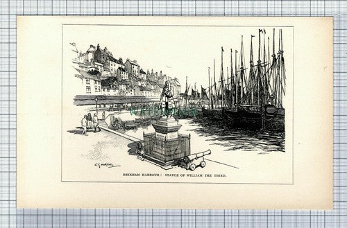 C7450) Brixham Harbour Devon Statue William III Charles Harper - 1907 Book Print
