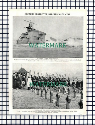 British Destroyer Ship GIPSY Mined Lieut Comm Nigel John Crossley - 1939 Cutting