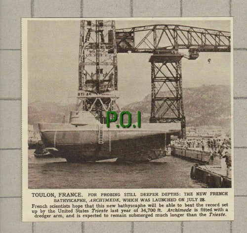 French Bathyscaphe ARCHIMEDE Toulon France - 1961 Small News Clipping