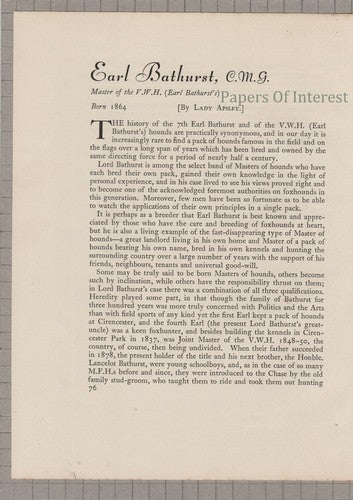Earl Bathurst Hunt Foxhunting Vale Of The White Horse VWH -  c.1930s Article