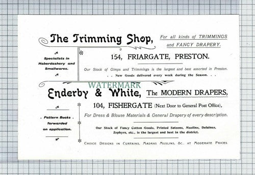 C7421) PRESTON  Enderby & White Drapers The Trimming Shop Advert  - 1902 Cutting