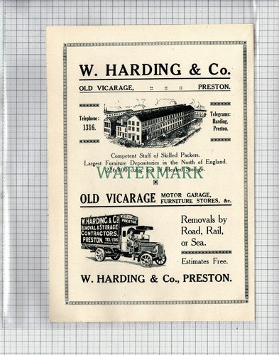 (5300) W HARDING & CO OLD VICARAGE PRESTON REMOVALS ADVERT - 1922 Cutting