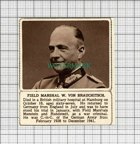 C2879) Field Marshal W Von Brauchitsch Obituary - 1948 Clip SMALL!!