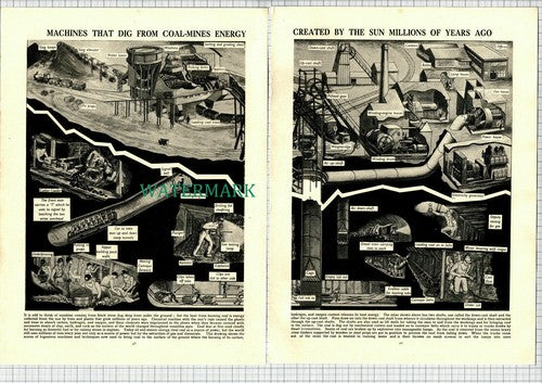 (6334) How COAL MINES MINING Machinery Works - c.1940s  2-PAGE Picture Article