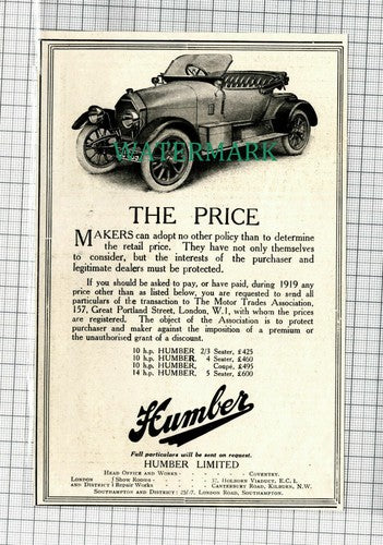 C218) Humber Car Advert Price Checker   - 1919 Paper Cutting