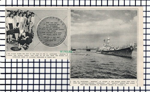 C6167) US Battleship MISSOURI Ship Plaque Hudson River New York  - 1945 Cutting