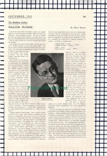 X1375) William Plomer Writer   - 1932 Article