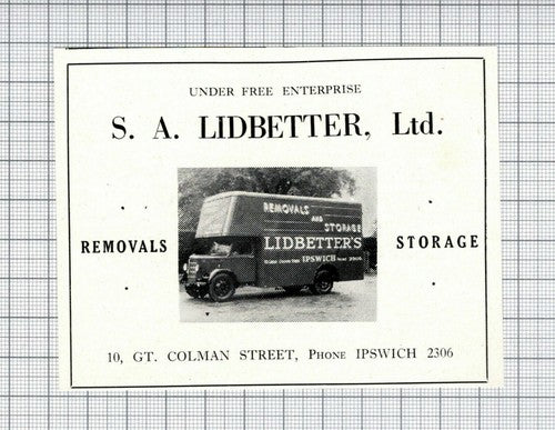S A Lidbetter Removals Ipswich Suffolk  - 1951 SMALL Advert
