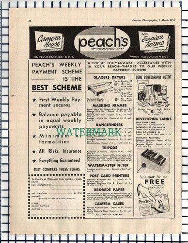 (7091) Peach's Of Woolwich Camera House Plumstead Road Advert - 1955 Cutting