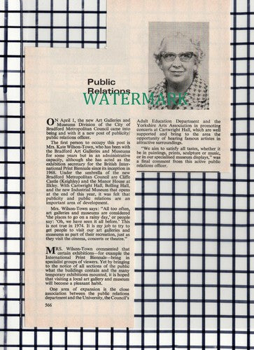 C6989) Mrs Kate Wilson-Town Bradford Art Galleries   - 1974 Cutting