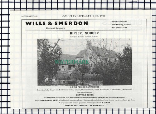 C7327) Ripley Sussex Farmhouse House Sale Advert - 1978 Cutting