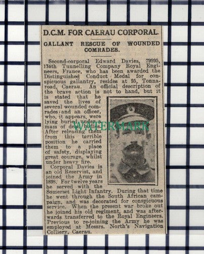 C7205) Corp Edward Davies 174th Tunnelling Co Caerau World War 1 - 1916 Cutting