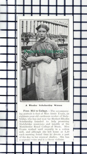 C5957) Miss Annie Evans Stalybridge Herbert Rhodes Scholarship - 1913 Cutting