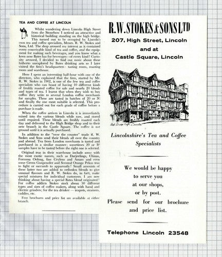 R W Stokes & Sons Lincoln Tea and Coffee Specialists - 1966 Clipping / Advert