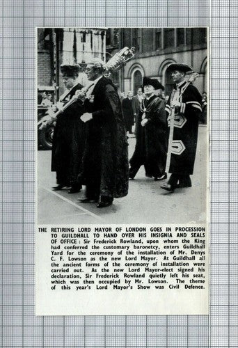 Sir Frederick Rowland Denys Lowson Lord Mayor of London  - 1950 Clipping