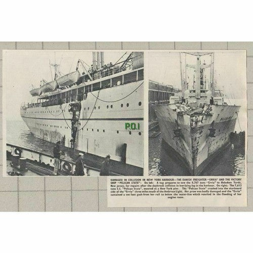 New York Harbour Collision ERRIA and PELICAN STATE Ship -  1950 News Clipping