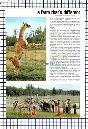 X1396) Vancouver Game Farm Pat & Anne Hines Canada - 1972 Article
