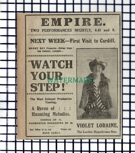 C7235) Empire Theatre Cardiff Violet Loraine  - 1916 Cutting