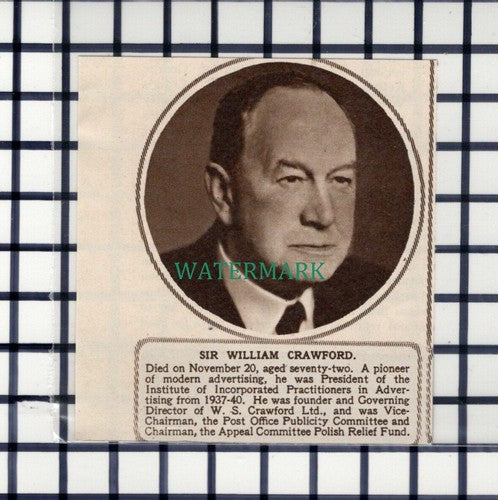 C7323) Sir William Crawford W S Crawford Ltd Obituary   - 1950 SMALL Cutting