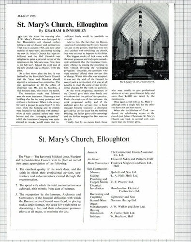 St Mary's Church Elloughton Hull Fire Graham Kinnersley -  1966 Article