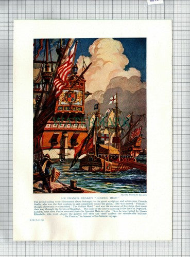(6819) Sir Francis Drake Ship Golden Hind  - c.1930s Book Print