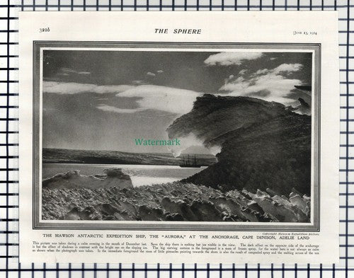 The Aurora  Ship  Cape Denison Mawson Antarctic Exhibition - 1914 Cutting/ Print