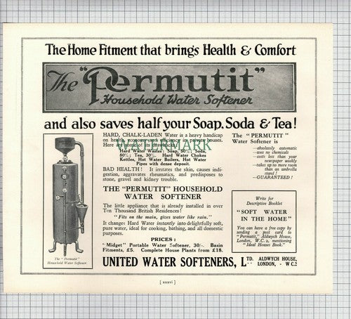 X1754) United Water Softeners London Permutit ADVERT - 1927 Cutting