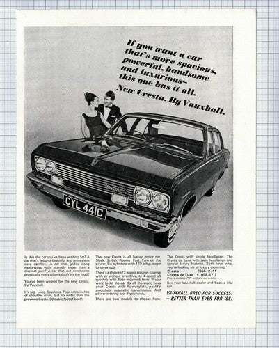 (5639) Vauxhall Cresta Advert - 1966 Black & White Paper Cutting