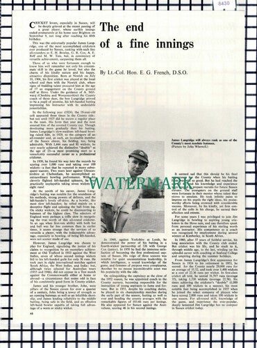 (8430) James Langridge Cricket Player  - 1966 Article